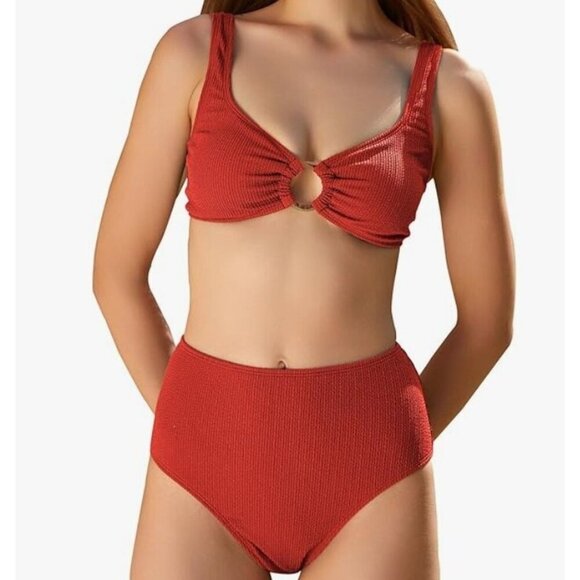 Women's S Two-Piece High Waist Bikini Swimsuit Textured Pumpkin NWT 9728 - Picture 1 of 16